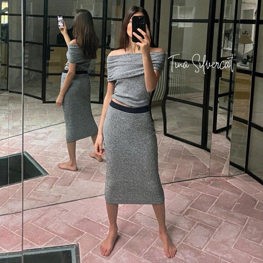 Zara 2 Piece Knit Pencil Midi Skirt And Off Shoulder Knit Top Set NWT